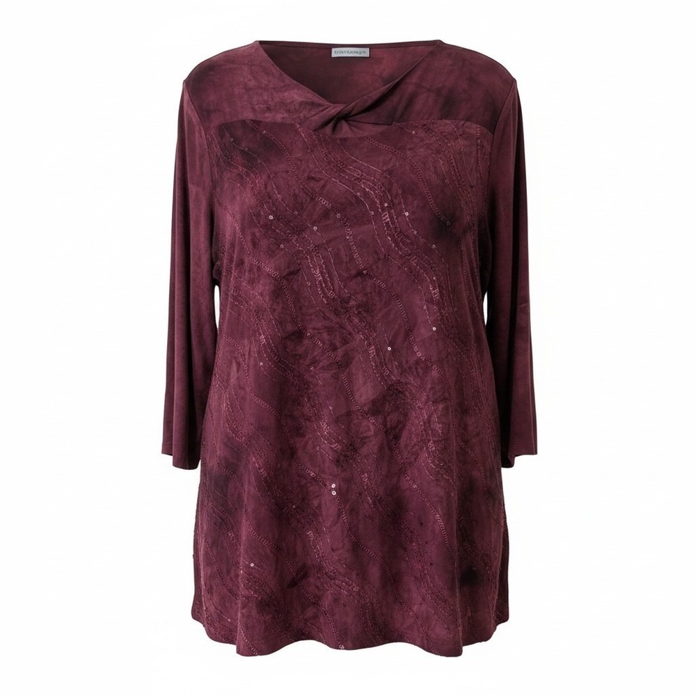 Catherines Womens Burgundy Sequin Embroidered Twist Neck Top Size 3X Wimsygoth
